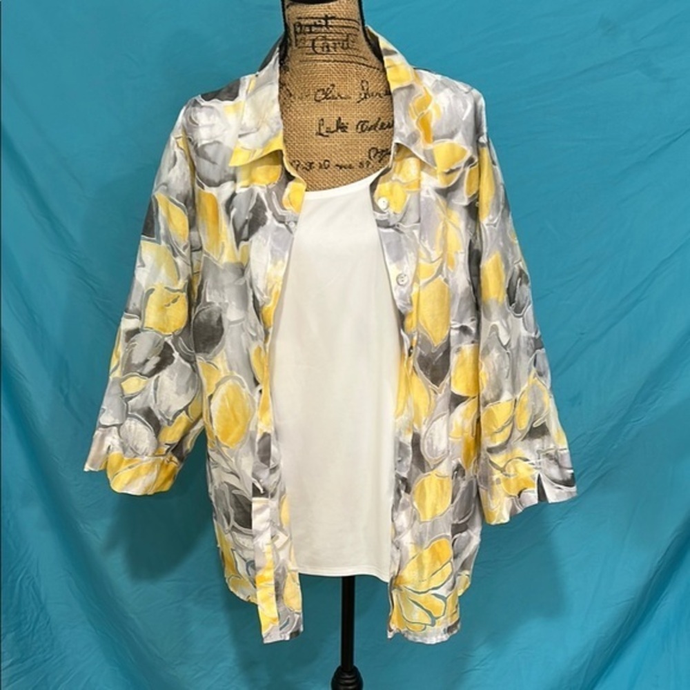 Yellow and Gray Floral Women's Two Piece Top Set